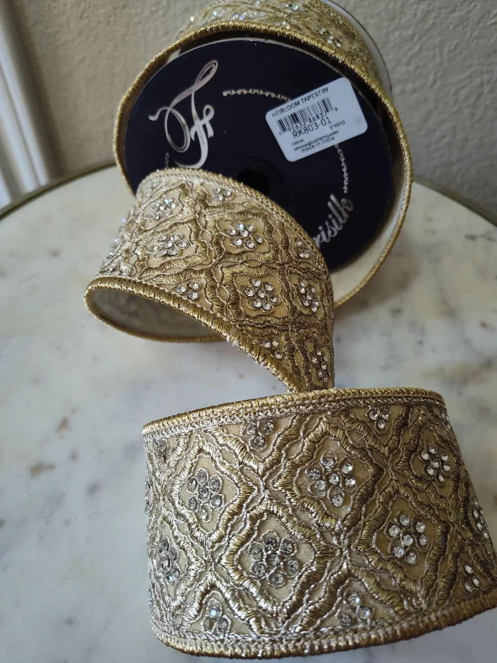 FARRISILK Heirloom WiredTapestry Rhinestone Wired Ribbon 3" x 5 Yards Cream Gold - Picture 1 of 8